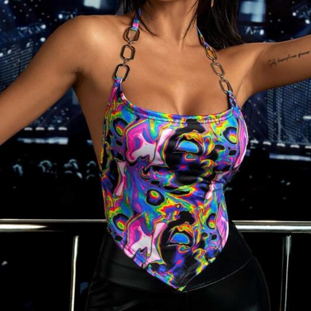 Marble-Print Open-Back Trippy Halter Top